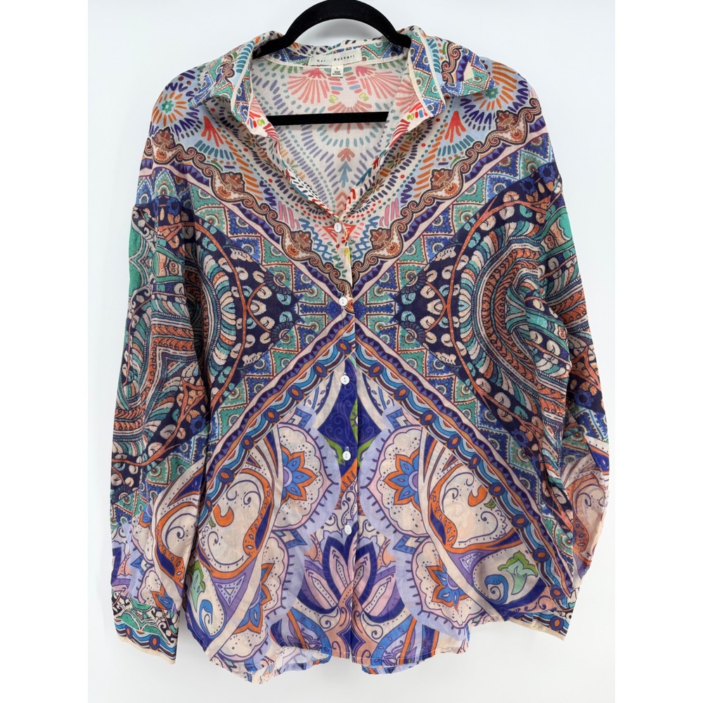 Her Bottari‎ Womens Blouse Size L Boho Paisley Sheer Button Front Festival Top